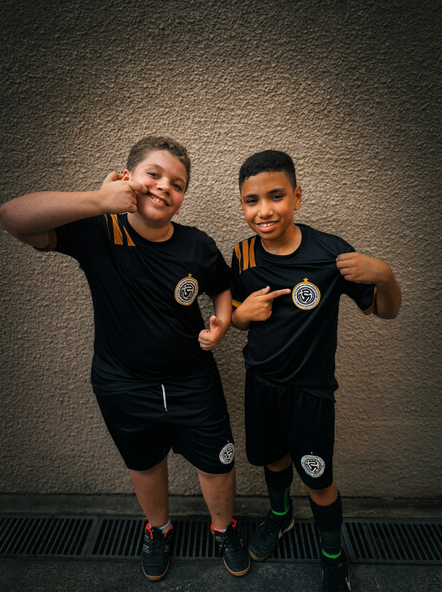Duas crianças com o uniforme preto e dourado da Kairós